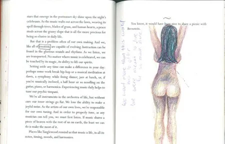 Two pages out of a book. The right page shows the backside of a woman's body with Amy's notes written in the margin. 