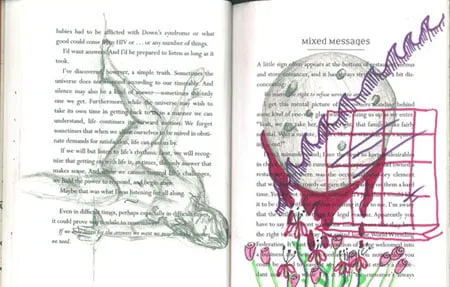 Two pages out of a book. On the left page, Amy sketched a woman lying on her back in pencil. On the right side, she sketched the moon in pencil, along with a window and flowers in colors. 