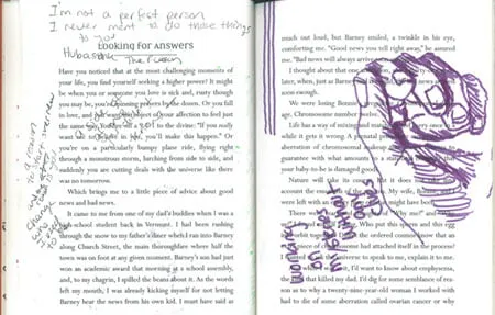 Two pages out of a book. On the right side, Amy sketched a hand in purple marker, along with the phrase, "Working on mysteries without any gloves." On the left side, Amy wrote notes in pencil in the margins. 