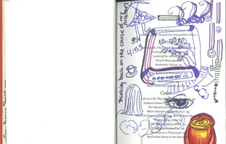 The first page of the book with a variety of Amy's doodles in blue pen. 