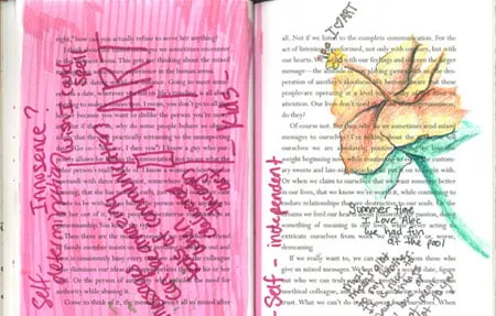 Two pages out of a book. On the left side, Amy colored the page pink and wrote notes in red. On the right side, Amy drew and colored a tropical flower along with other notes written in the margins. 