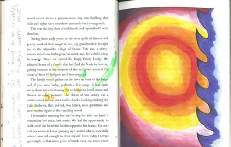 Two pages out of a book. On the left side, Amy has written some notes in pencil in the margin. On the right size, Amy has covered the text with a watercolor painting of the sun and waves. 