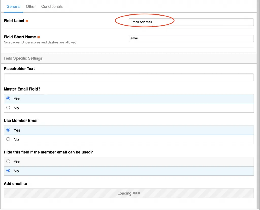 A screenshot showing where users can edit the Field Label on a form. Under the General tab, users can type in the new label under "Field Label" at the top of the page. 