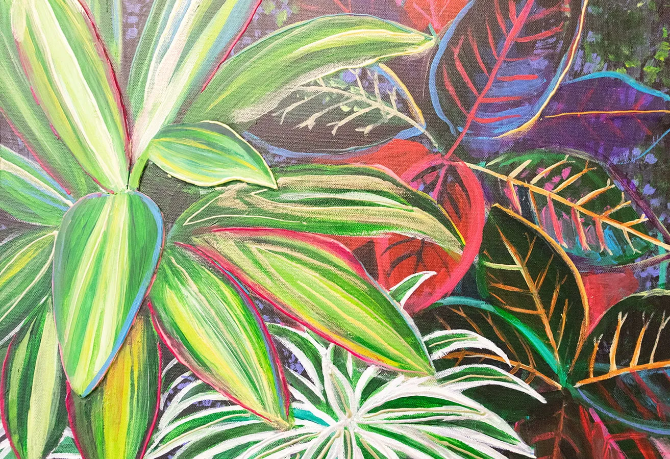 A painting by Kyndall Rainey of various plants and succulents. 