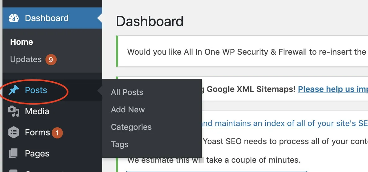 A screenshot showing where users can go in the WordPress dashboard to add a featured image to a blog. Users will go to the Posts tab on the left hand menu. 