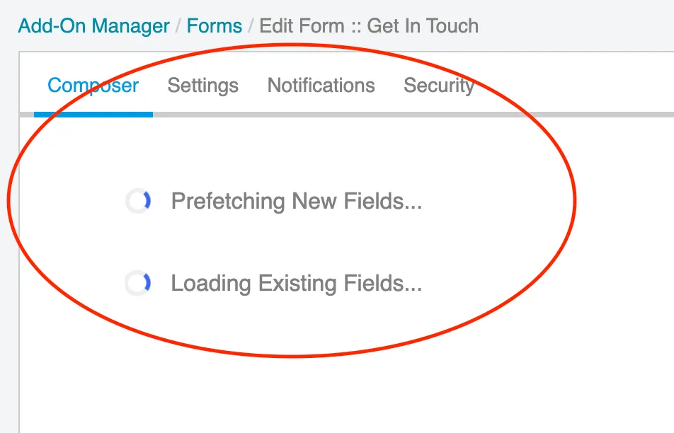A screenshot showing the form fields loading. The phrase "Prefetching New Fields..." pops up twice to indicate the form is loading. 