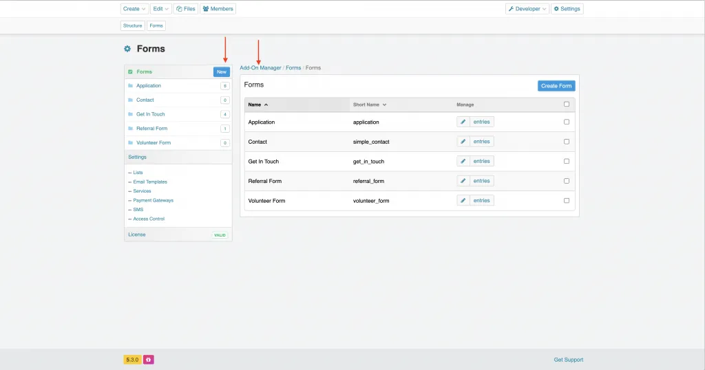 A screenshot showing the main Forms page on EE. There are two red arrows, one is pointing to the New blue button to add a new form and the other is pointing to "Add-On Manager". 