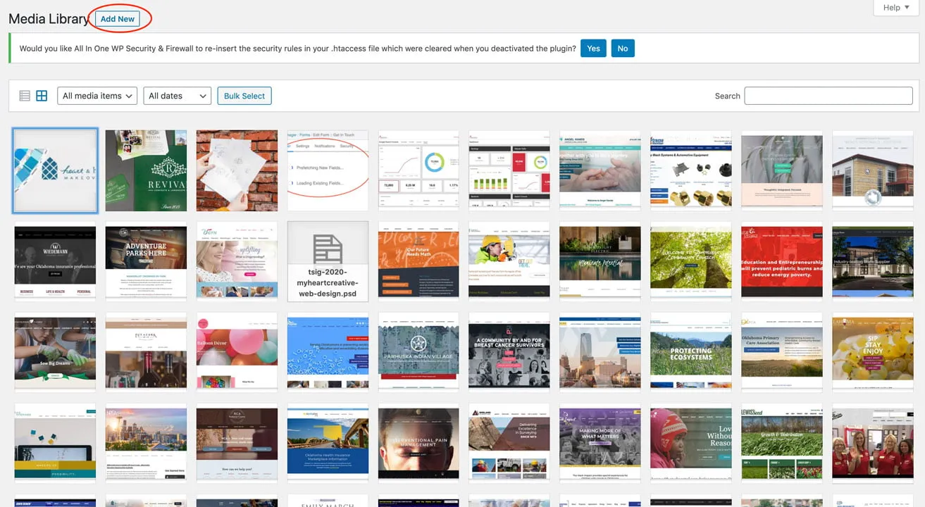 A screenshot showing the Media Library page on WordPress. Users can click the Add New button next to "Media Library" at the top of the screen to add media. 