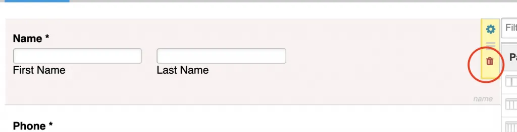 A screenshot showing how to delete a form field. By hovering over the field, users can click a red trash can to delete it on the far right side. 