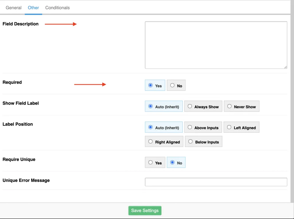 A screenshot showing where users can add a field description and indicate if the field should be required on the form. Users can type the description under "Field Description" at the top of the Other tab and indicate Yes or No on "Required" directly below the description. 
