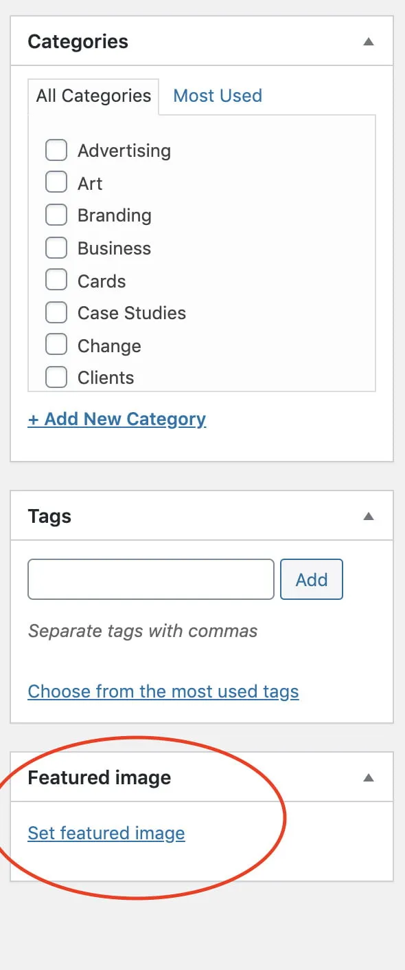 A screenshot showing where users can add a featured image on a post. On the right side of the screen under the "Featured Image" section, users can click "Set featured image." 