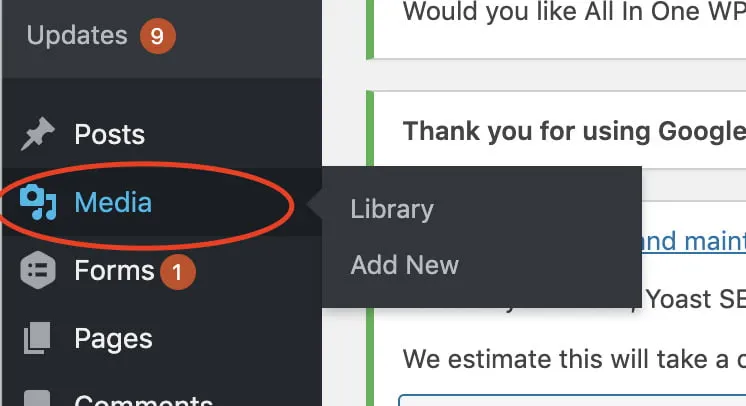 A screenshot showing how to access the Media Library on WordPress. On the left side of the screen, users can click Media. 