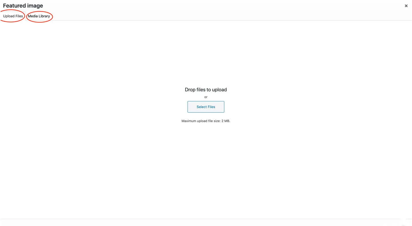 A screenshot showing where users can choose an existing media file under "Media Library" or upload a new file under "Upload Files."