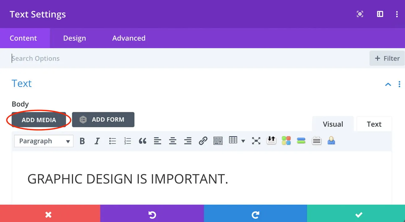 A screenshot showing the Module text settings box once users have clicked on the cog. Under the Content tab, users can click "Add Media' under "Body" to add media. 