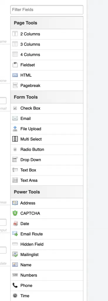 A screenshot showing the list of different fields that can be added to a form on the right hand side of the screen. 