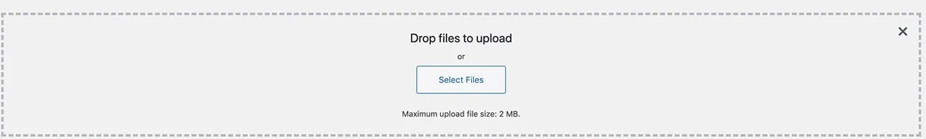 A screenshot showing a pop-up where users can drag and drop media files. The box reads, "Drop files to upload or Select Files. Maximum upload file size: 2MB."