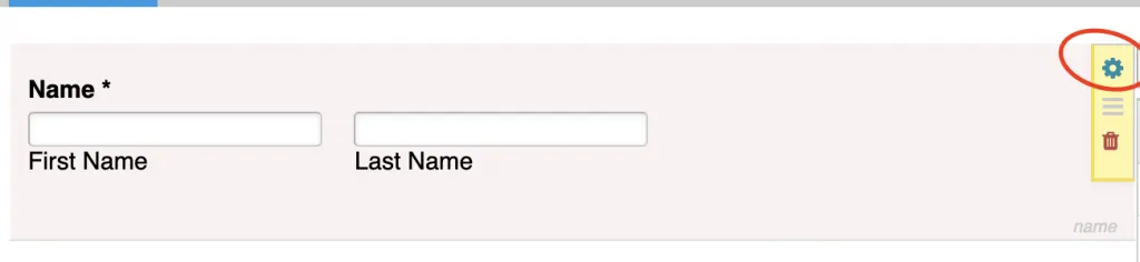 A screenshot showing how to edit a form field. By hovering over the field, users can click a blue cog icon to edit it on the far right side. 