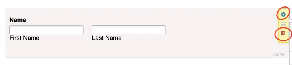 A screenshot showing users that they can edit a field by clicking the blue cog icon or delete a field by clicking the red trash can on the far right side of each field. 