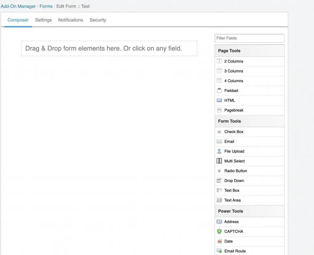 A screenshot showing a blank form. The empty form reads, "Drag & Drop form elements here. Or click on any field." The field options are located on the right hand side of the screen. 