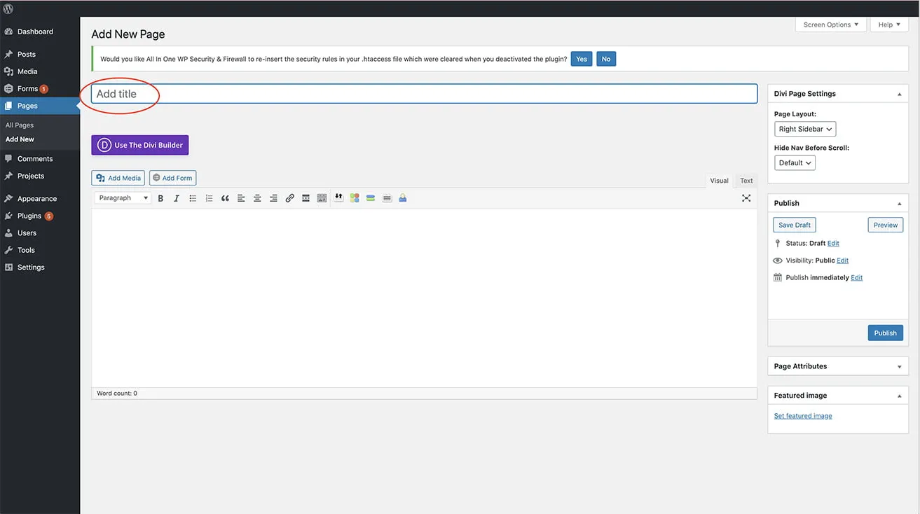 Building a Page on WordPress - myheartcreative A screenshot showing where to add a page title to a new page. Users can add a title under the "Add title" text box at the top of the page.