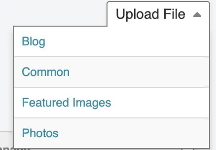 A screenshot showing the directory options that show once a user clicks Upload File. The options are Blog, Common, Featured Images, and Photos. 