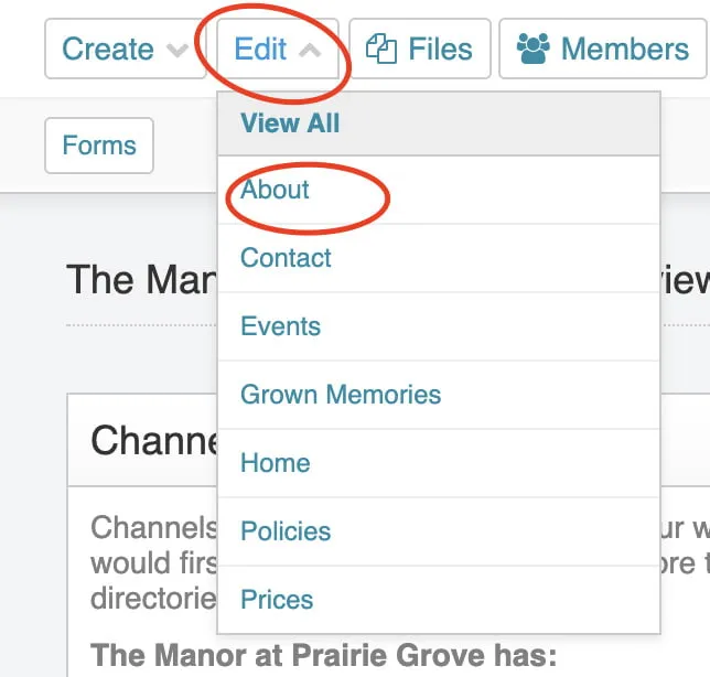 A screenshot showing how to add a page in EE. Users will click the Edit button between Create and Files. A dropdown menu will appear showing all pages in the navigation to choose where the new page will live. 