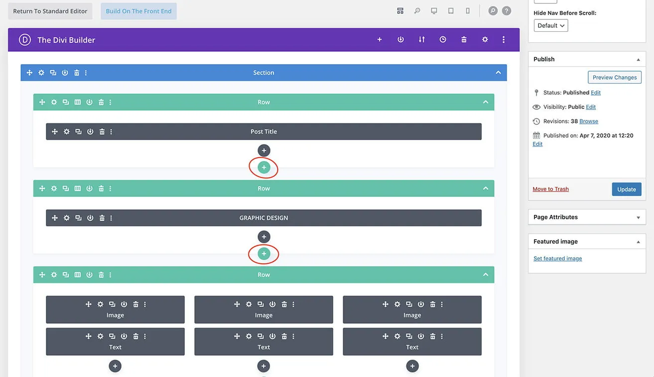 Using Rows on the WordPress Divi Builder - myheartcreative A screenshot showing the WordPress Divi builder. Two green arrows are circled to indicate where to add a new row.