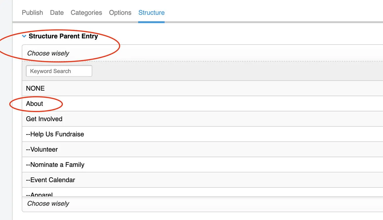 A screenshot showing where to click Structure Parent Entry under the Structure tab. Users will choose the parent page that the new page will live under in the navigation. 