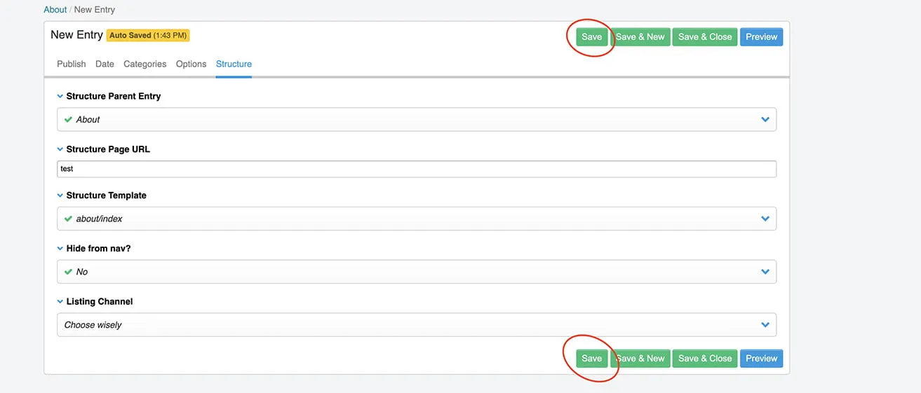 A screenshot showing users where to click Save to save the new page on EE. The green Save buttons are circled on both the upper and lower right corners. 