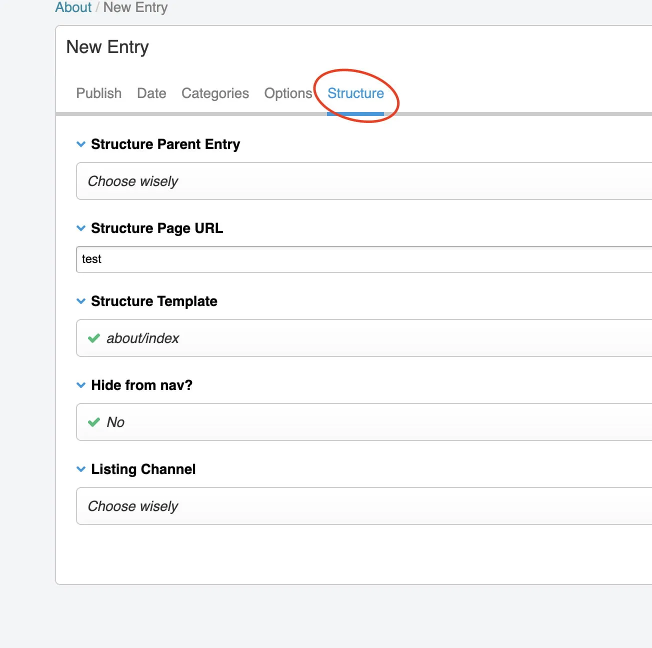 A screenshot showing where to click the Structure tab at the top of the New Entry box. 