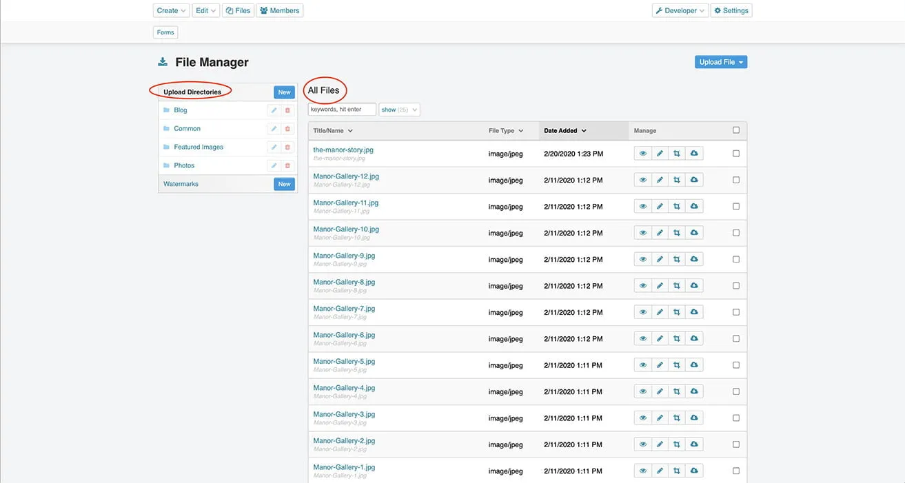 A screenshot showing the All Files section on the File Manager page. It also shows the Upload Directories section on the far left side of the page. 