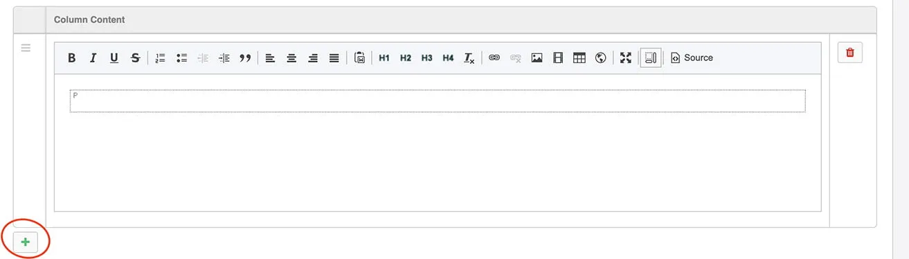 A screenshot showing the column content text box. A small button with a plus sign is circled in the lower left corner to indicate how to add a row. 