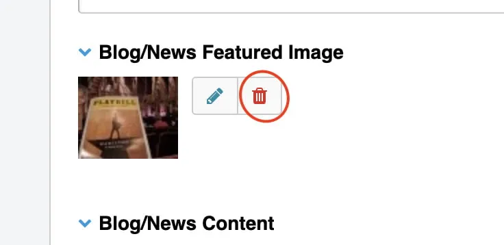 A screenshot showing users where they can delete the featured image if one has already been selected. Under Blog/News Featured Image, users should click the red trash bin next to the image. 