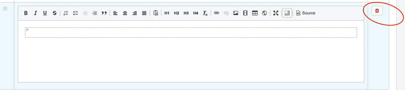 A screenshot showing the column content text box. A small button with a red trash can is circled in the upper right corner to indicate how to delete a row. 