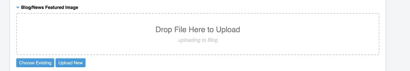 A screenshot showing where to upload images under the "Blog/News Featured Image" section. Users can drop files to upload. 