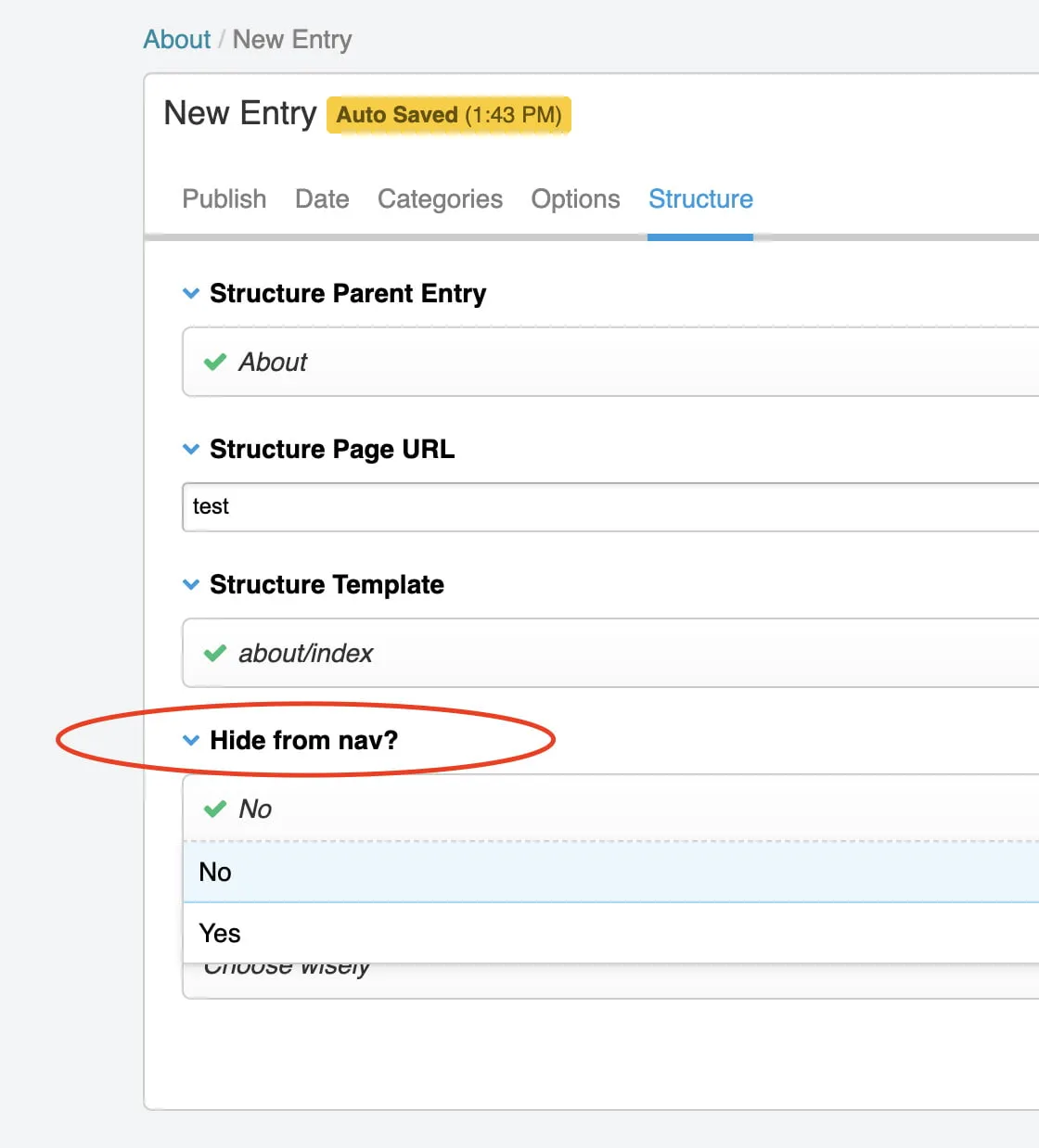 A screenshot showing where users can hide the new page from the navigation. It is under the Structure tab titled, "Hide from nav?"