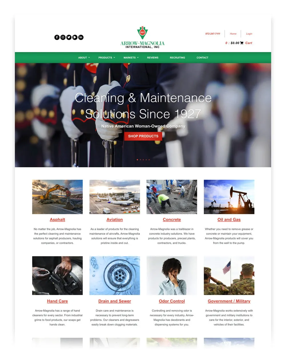 The website homepage for Arrow-Magnolia International. 