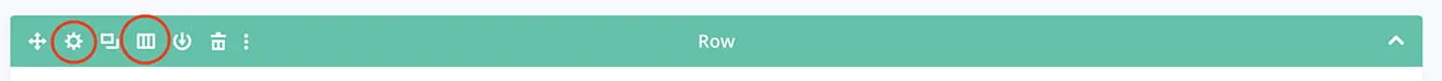 Using Rows on the WordPress Divi Builder - myheartcreative A screenshot showing the green bar indicating a row on Divi builder. The Edit Row cog and the Change column structure icon is circled on the left side of the bar.