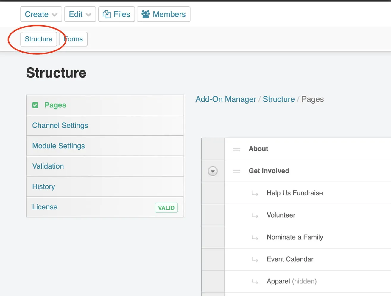 A screenshot showing where to change the location of a page in the navigation. The Structure button is circled in red at the top of the screen, next to the Forms button. 