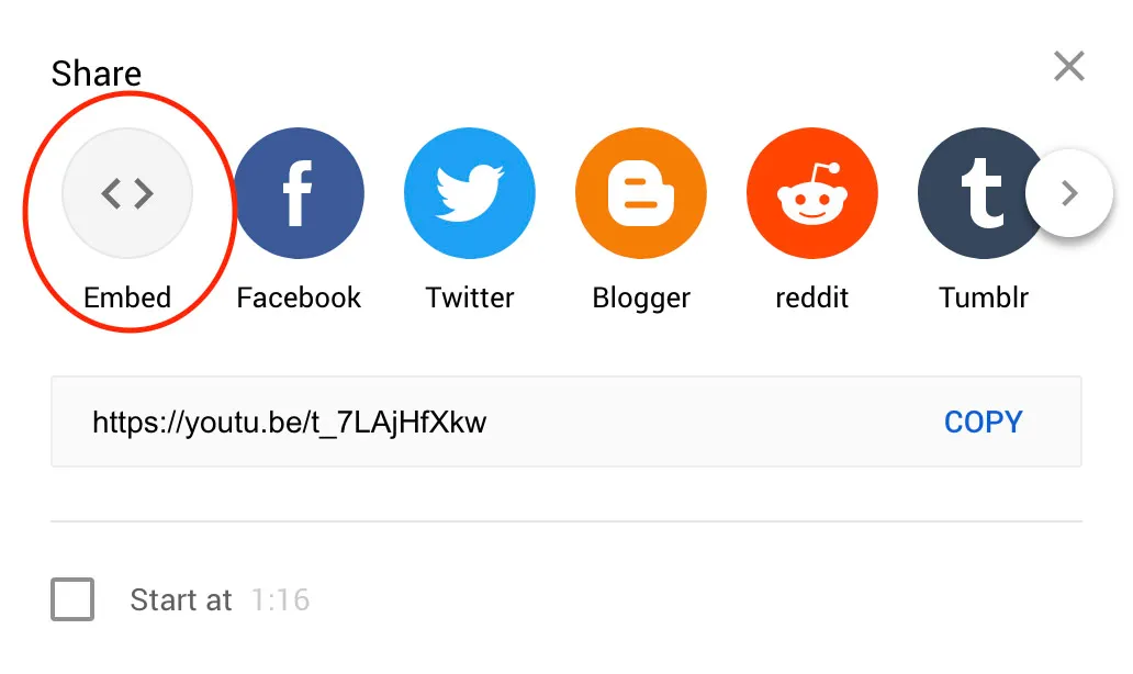 A screenshot showing where to click the embed button once clicking share on Youtube. 