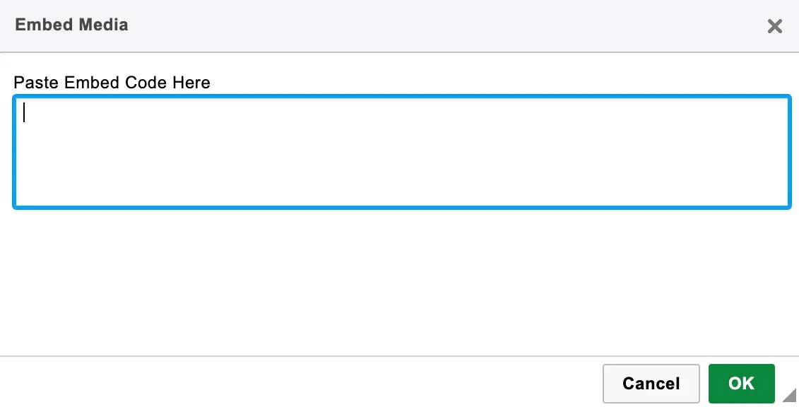 A screenshot showing the Paste Embed Code Here box that will pop up once users click the film strip. 