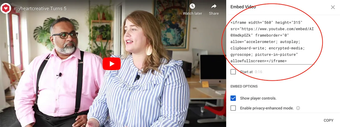 A screenshot showing where to find and copy the iFrame code on Youtube. 