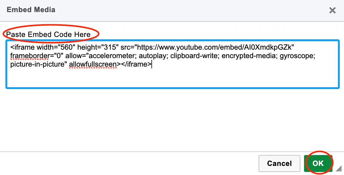 A screenshot showing where to paste the iFrame code into the back of the website. It will be pasted under "Embed Media" and "Paste Embed Code Here". 