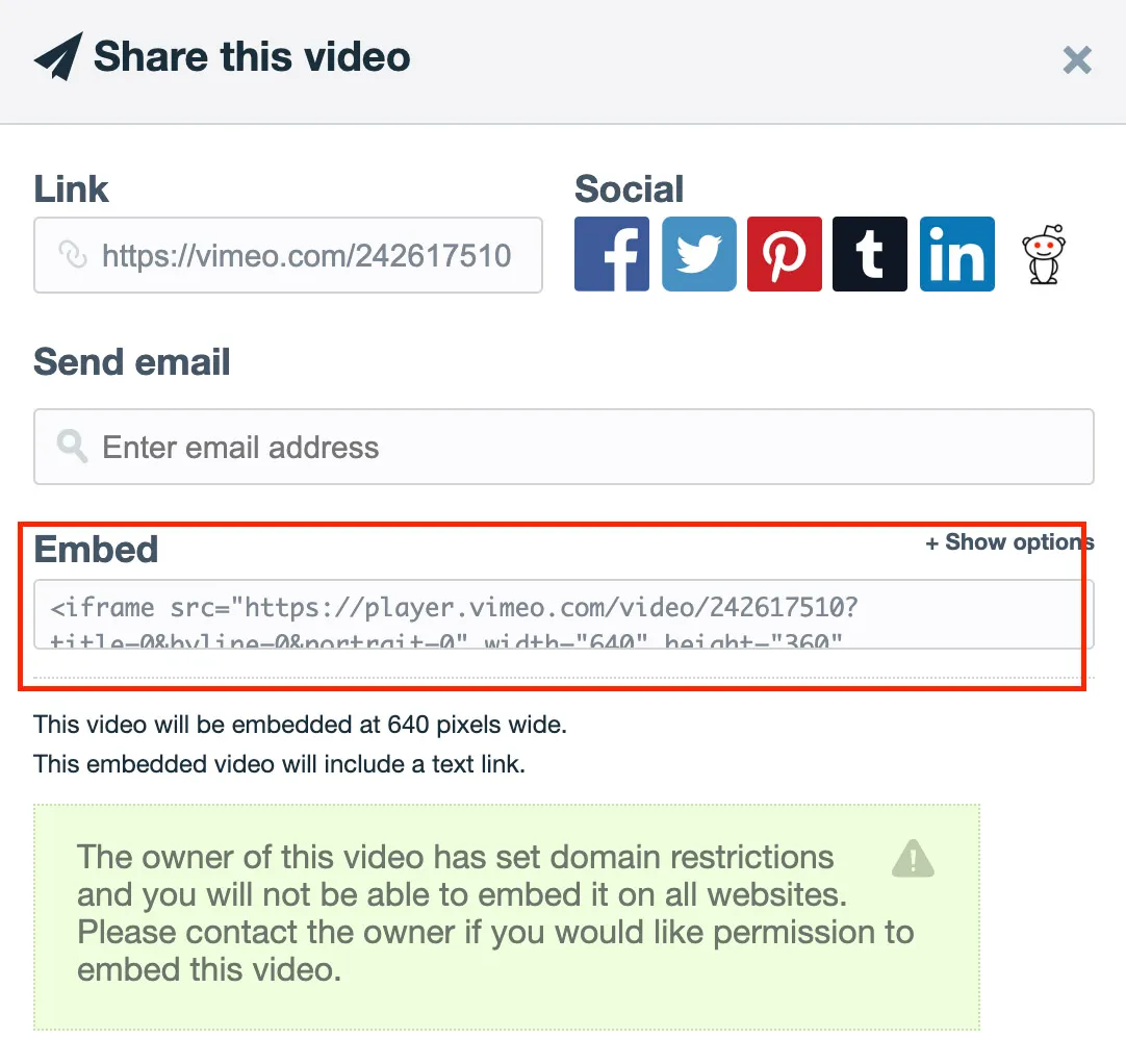 A screenshot showing where to find and copy the iFrame code on Vimeo. 