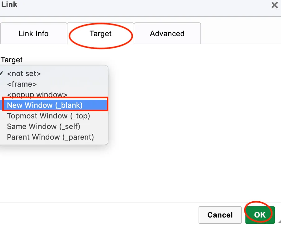 Adding Page Links In EE - myheartcreative A screenshot showing how to select "New Window" under Target so the external link will open in a new tab.
