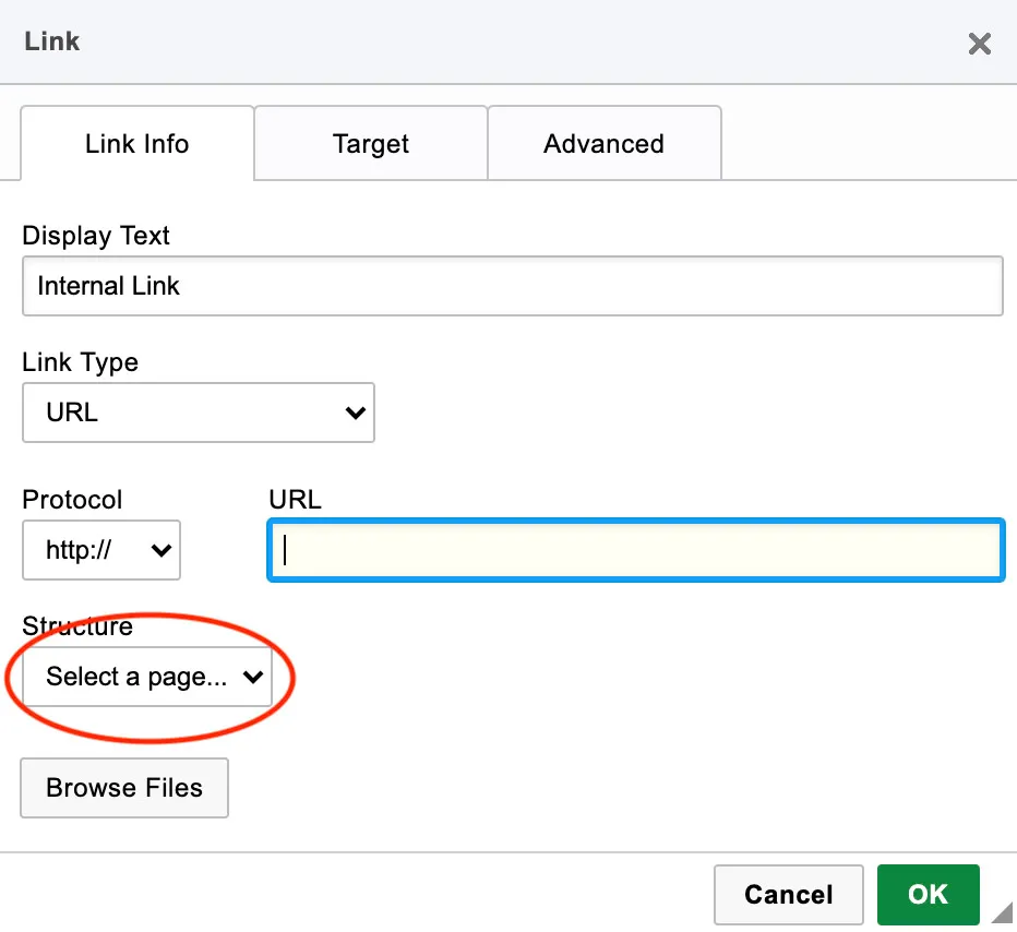 Adding Page Links In EE - myheartcreative A screenshot of how to choose the page where you will add an internal link to text. Under Structure, you would click on the Select a Page menu and select the correct page.