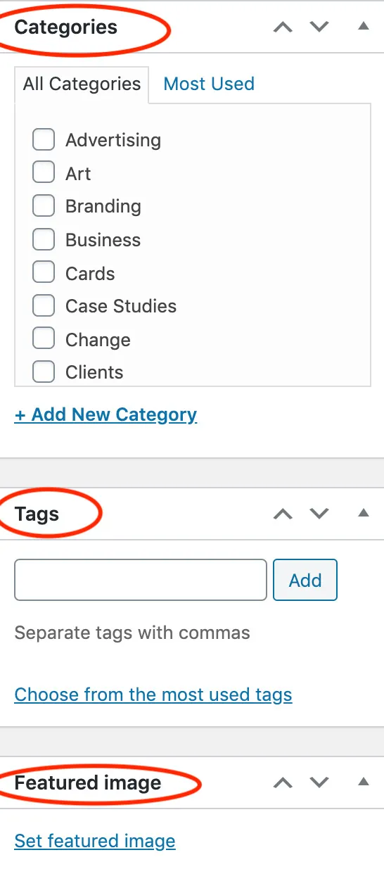 How to Create a Blog Post on WordPress - myheartcreative A screenshot showing where users can find the Categories, Tags, and Featured Image sections. These sections are located on the far right side of the blog post page.