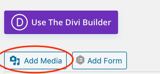 How to Create a Blog Post on WordPress - myheartcreative A screenshot showing the Add Media button, located below the purple Use The Divi Builder button and to the left of the Add Form button.