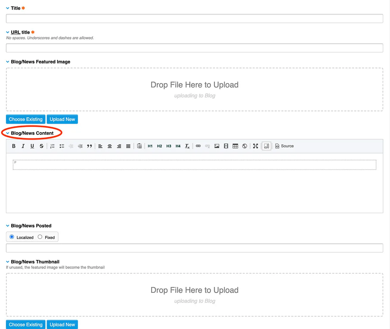 A screenshot showing where to add the main content of the blog. 