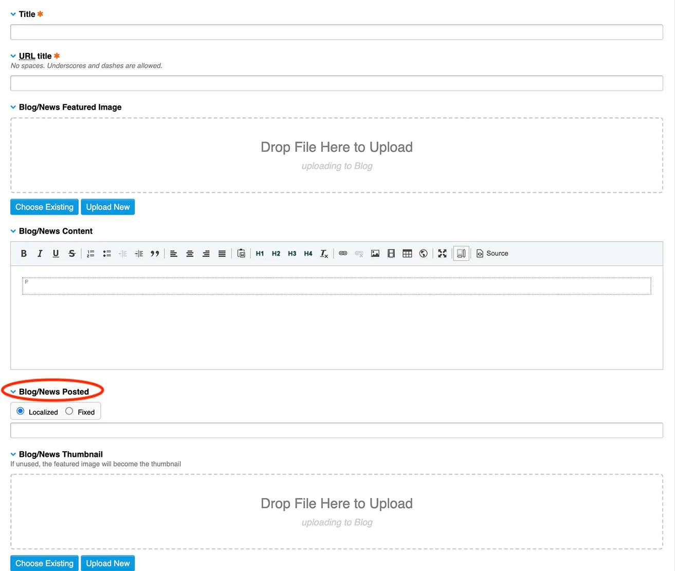A screenshot showing where to determine if the blog post will be localized or fixed. 
